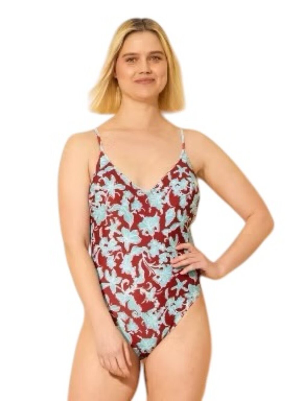SHADE & SHORE plunge floral one piece swimsuit maroon/blue Size 8/10 Med EUC